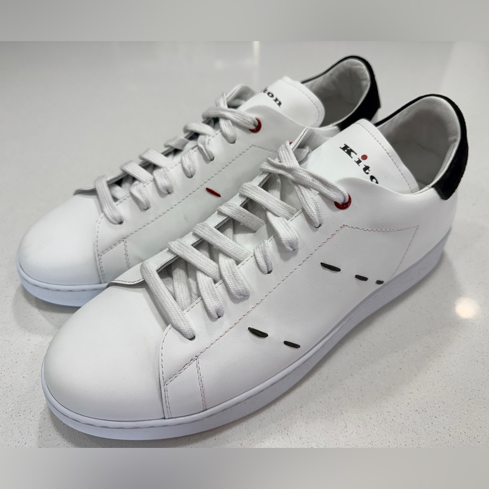 Kiton Men’s Suede-Trim Leather Logo Sneakers White Size 12 MSRP $1,000 (w/ COA)